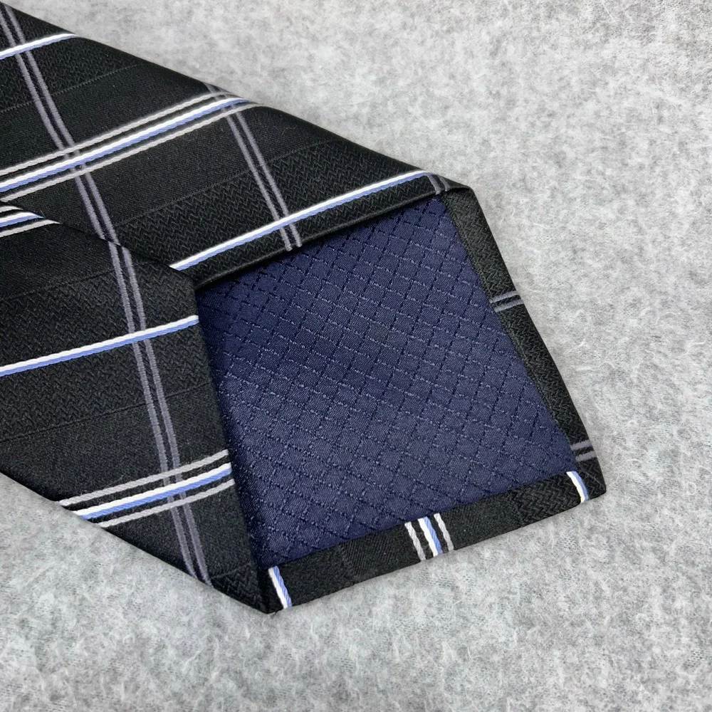 Jones New York Silk Tie Black Blue Gray Plaid Windowpane Woven 59